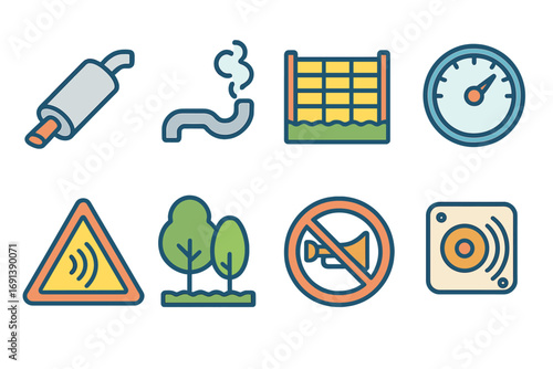 Vehicle Noise Control Icons. Flat vector mini-illustrations Vehicle noise control in colors children's illustrations: car muffler,