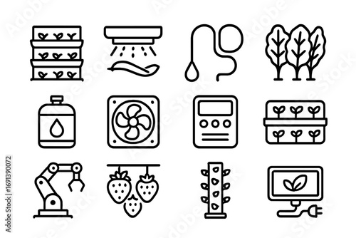 Vertical Farming Icons. Outline icon set of vertical farming: stacked hydroponic trays, LED grow light, irrigation tubing, leafy