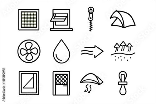 Ventilation Icon Set. Outline icon set of ventilation and condensation control: mesh panel, vent flap, zipper, rainfly vent, fan