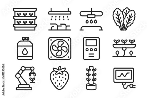 Vertical Farming Icons. Outline icon set of vertical farming: stacked hydroponic trays, LED grow light, irrigation tubing, leafy
