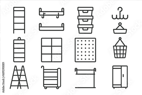 Vertical Storage Icons. Outline icon set of vertical storage solutions: tall shelving unit, wall-mounted rack, stacked bins,