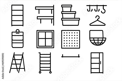 Vertical Storage Icons. Outline icon set of vertical storage solutions: tall shelving unit, wall-mounted rack, stacked bins,