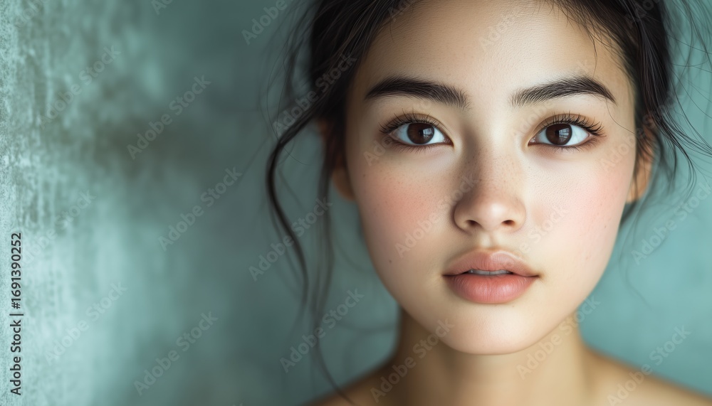 Naklejka premium Beautiful Asian Lady In The Bathroom, Exuding Charm And Allure. Her Looks Are Captivating And She Radiates A Sense Of Grace.