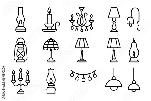 Vintage Light Icons Collection. Outline icon set of vintage home decor with lighting fixtures: oil lamp, candle holder, crystal