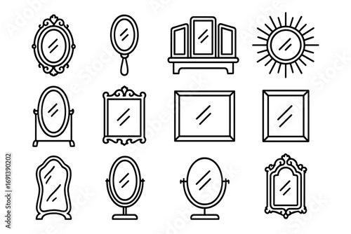 Vintage Mirror Icons. Outline icon set of vintage home decor with mirrors: oval ornate mirror, hand-held vanity mirror, tri-fold
