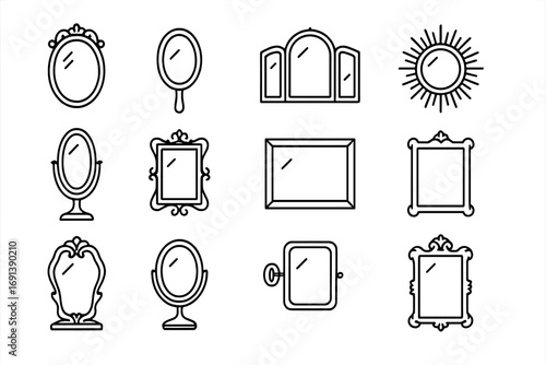 Vintage Mirror Icons. Outline icon set of vintage home decor with mirrors: oval ornate mirror, hand-held vanity mirror, tri-fold