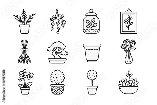Vintage Plant Decor Icons. Outline icon set of vintage home decor with plants and botanical displays: potted fern, hanging ivy,