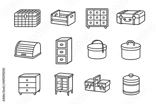 Vintage Storage Icons. Outline icon set of vintage home decor with storage pieces: wicker trunk, wooden crate, apothecary cabinet,
