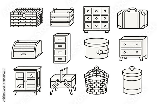 Vintage Storage Icons. Outline icon set of vintage home decor with storage pieces: wicker trunk, wooden crate, apothecary cabinet,