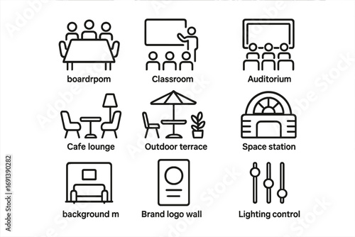 Virtual Environment Icons. Outline icon set of virtual environment themes: boardroom, classroom, auditorium, cafe lounge, outdoor