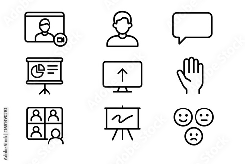 Virtual Classroom Icon Set. Outline icon set of Virtual classroom features: teacher on video call, student avatar, chat bubble,