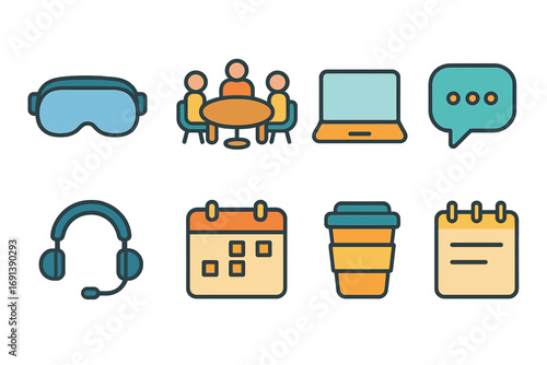 Virtual Meeting Icons. Flat vector mini-illustrations VR work meetings in colors children's illustrations: VR headset, conference