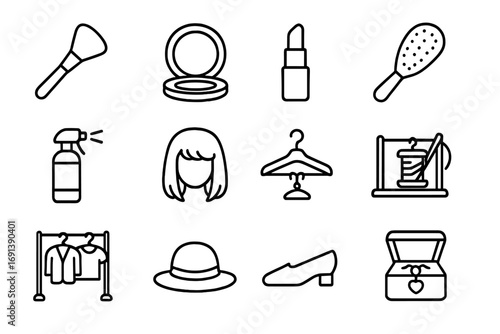 Wardrobe and Makeup Icons. Outline icon set of wardrobe and makeup: makeup brush, powder compact, lipstick, hairbrush, spray
