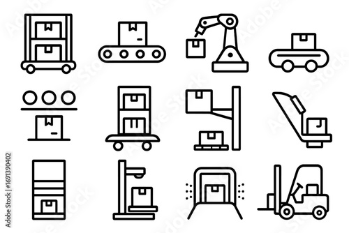 Warehouse Automation Icons. Outline icon set of Warehouse automation systems: automated storage shuttle, conveyor belt sorter,