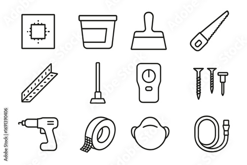 Wall Repair Tools. Outline icon set of Wall repair & drywall: drywall patch, joint compound tub, taping knife, drywall saw, corner