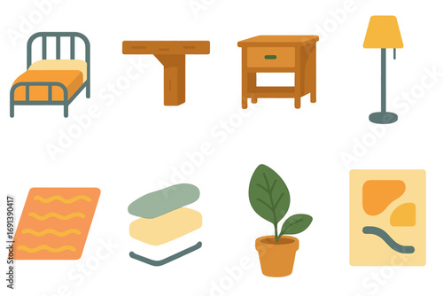 Warehouse Loft Bedroom Icons. Flat vector mini-illustrations Warehouse loft bedroom in colors children’s illustrations: metal bed