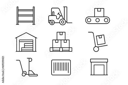 Warehouse Icons Grid. Outline icon set of warehousing and storage: pallet rack, forklift, conveyor belt, warehouse building,