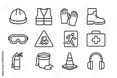 Warehouse Safety Icons. Outline icon set of Warehouse safety equipment: safety helmet, high-visibility vest, safety gloves, safety
