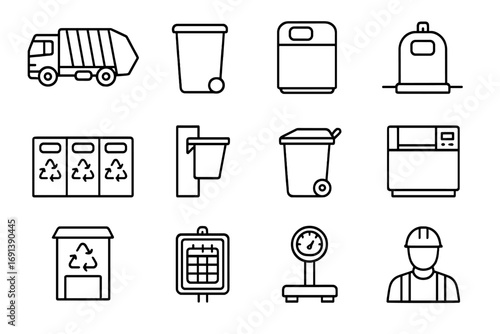 Waste Collection Icons. Outline icon set of waste collection infrastructure: garbage truck, street bin, smart bin, underground