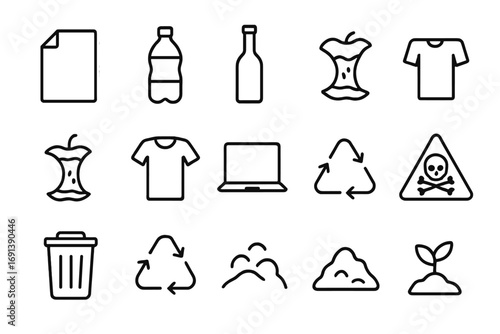 Waste Sorting Icon Set. Outline icon set of waste sorting symbols: paper symbol, plastic symbol, glass symbol, metal symbol,