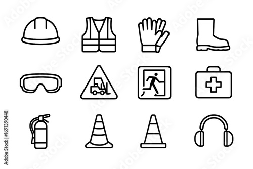 Warehouse Safety Icons. Outline icon set of Warehouse safety equipment: safety helmet, high-visibility vest, safety gloves, safety
