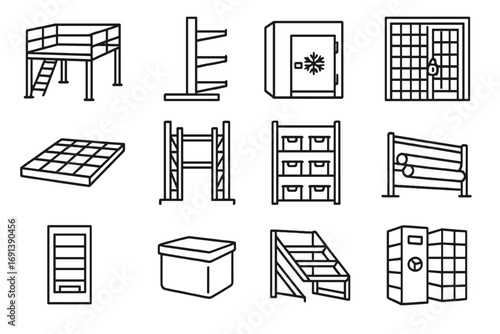 Warehouse Solution Icons. Outline icon set of Specialized warehouse storage solutions: mezzanine floor, cantilever rack, cold
