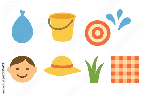 Water Balloon Toss. Flat vector mini-illustrations Water balloon toss game in colors children's illustrations: water balloon,