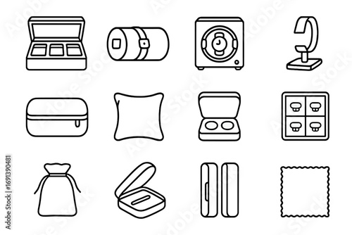 Watch and Cufflink Icons. Outline icon set of Watch and cufflink storage: watch box, watch roll, watch winder, watch display stand