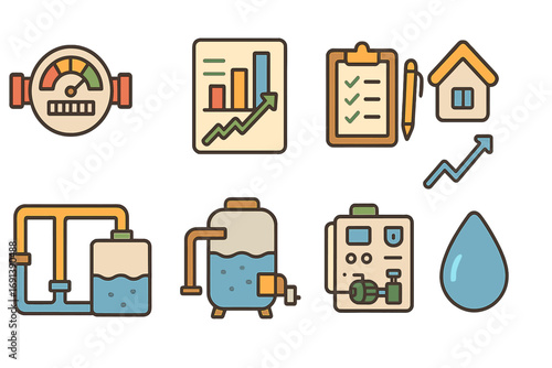 Water Conservation Icons. Flat vector mini-illustrations Domestic water footprint monitoring in colors children's illustrations: