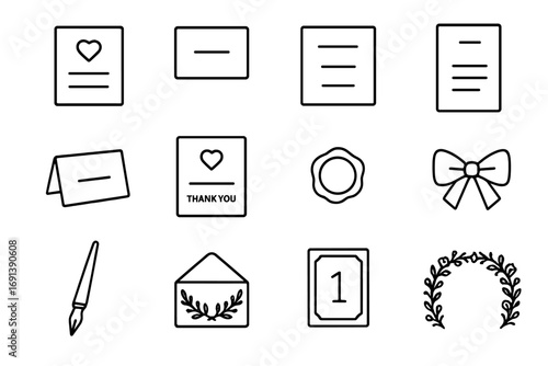 Wedding Stationery Icons. Outline icon set of wedding stationery: wedding invitation card, RSVP card, save-the-date card, menu