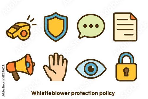 Whistleblower Protection Icons. Flat vector mini-illustrations Whistleblower protection policy in colors children’s illustrations: