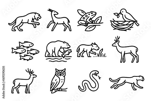 Wild Instinct Icons. Outline icon set of Animal instincts and survival in the wild: predator hunting, prey running, animal