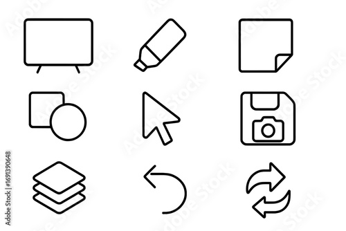 Whiteboard Tool Icons. Outline icon set of collaborative whiteboard tools: whiteboard, marker, eraser, sticky note, shape tool,