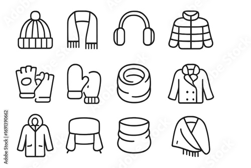 Winter Accessories Icons. Outline icon set of winter accessories display: knit beanie, cashmere scarf, earmuffs, puffer jacket,