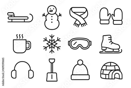Winter Activity Icons. Outline icon set of winter outdoor family activities: sled, snowman, scarf, mittens, hot cocoa mug,