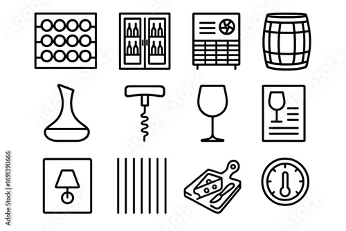 Wine Cellar Icons. Outline icon set of wine cellar and tasting nook: wine rack, glass door, cooling unit, barrel table, decanter,