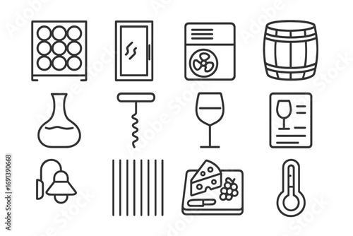 Wine Cellar Icons. Outline icon set of wine cellar and tasting nook: wine rack, glass door, cooling unit, barrel table, decanter,