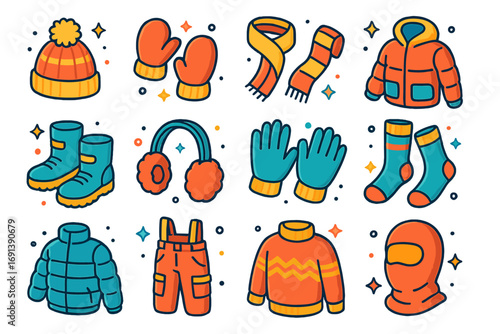 Winter Clothing Icons. Colorful isometric vector icons set of winter clothing: wool hat, mittens, scarf, parka, snow boots,