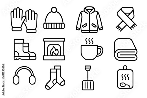 Winter Essentials Icons. Outline icon set of cold weather protection: gloves, wool hat, winter coat, scarf, boots, fireplace, hot