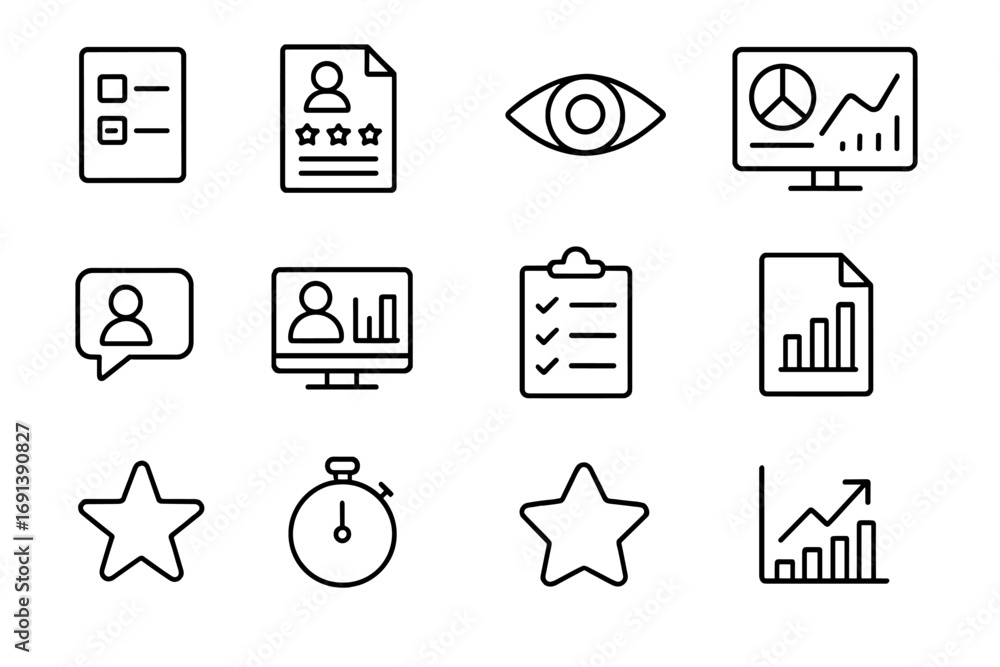 Fototapeta premium Workplace Monitoring Icons. Outline icon set of workplace monitoring and evaluation: survey form, performance review sheet,