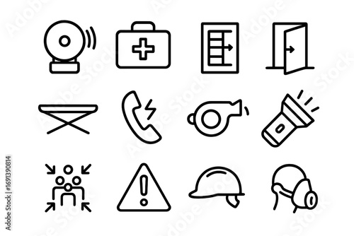 Workplace Emergency Icons. Outline icon set of emergency response in workplace: fire alarm, first aid kit, evacuation map, exit