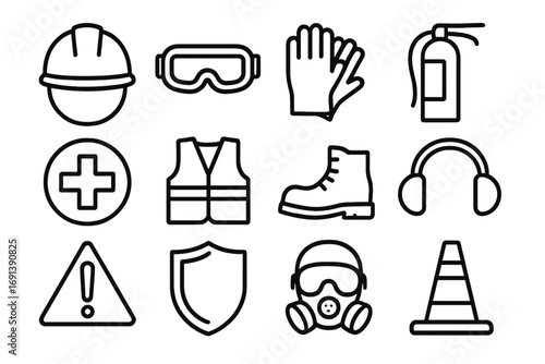 Workplace Safety Icons. Outline icon set of workplace safety equipment: hard hat, protective goggles, safety gloves, fire