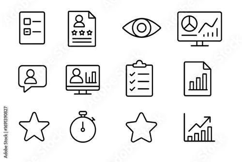 Workplace Monitoring Icons. Outline icon set of workplace monitoring and evaluation: survey form, performance review sheet,