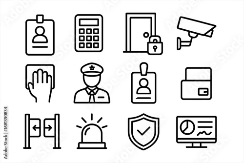 Workplace Security Icons. Outline icon set of workplace security: ID badge, access control keypad, locked door, CCTV camera,