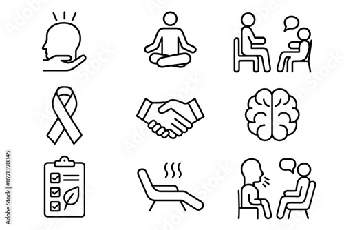 Workplace Wellness Icons. Outline icon set of workplace mental health support: stress relief icon, meditation pose, employee