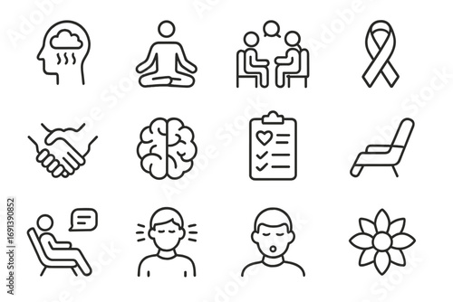 Workplace Wellness Icons. Outline icon set of workplace mental health support: stress relief icon, meditation pose, employee