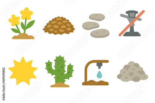 Xeriscape Icons Grid. Flat vector mini-illustrations Xeriscape landscaping techniques in colors children's illustrations: