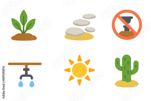 Xeriscape Icons Grid. Flat vector mini-illustrations Xeriscape landscaping techniques in colors children's illustrations: