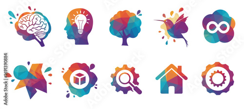 A set of ten colorful, abstract polygonal icons representing various concepts like creativity, nature, and technology.