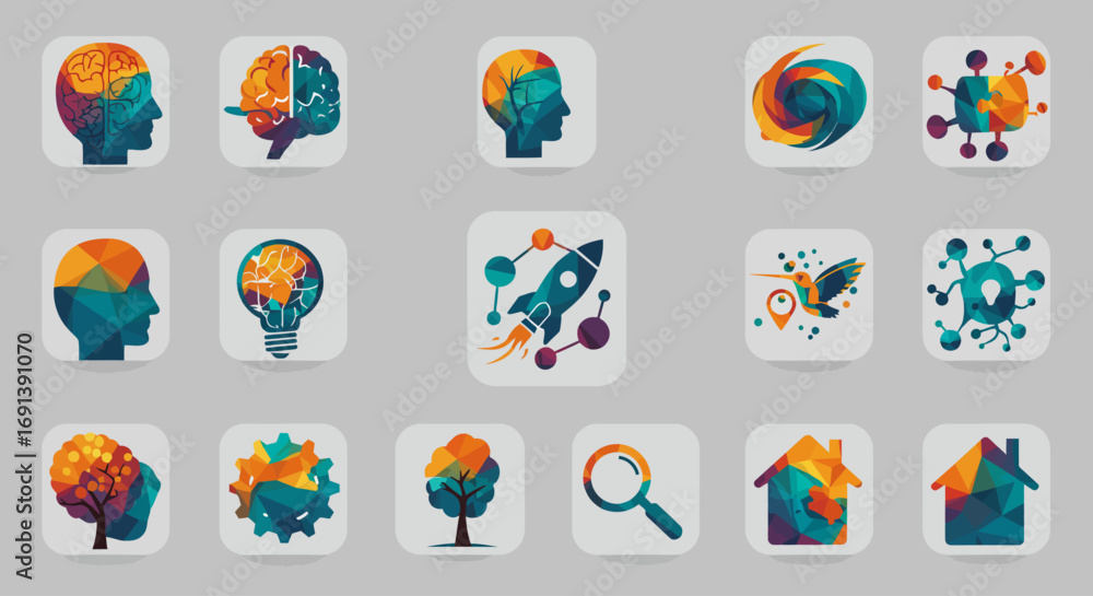 Fototapeta premium A collection of modern, colorful, geometric icons representing concepts like innovation, science, technology, and nature on a gray background.